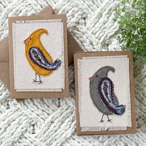 Handcrafted Fabric Stitched Greeting Card Set of Two Whimsical Bird Paisley